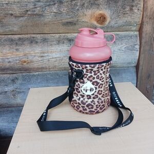 HydroJug Pink 73oz  With Cheetah Print Sleeve, Strap, Straw Half Gallon